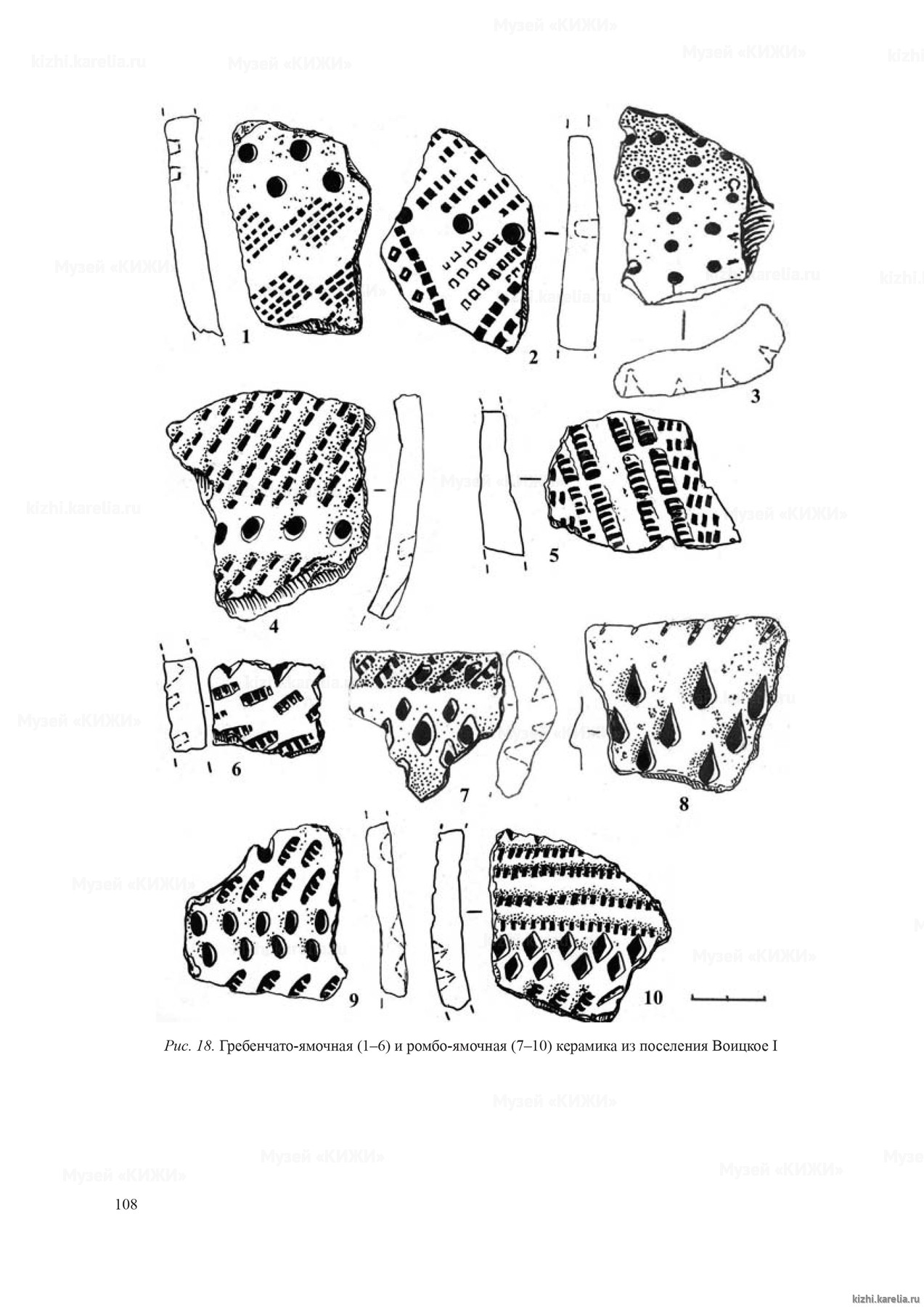 Рис. 18. Гребенчато-ямочная (1–6) и ромбо-ямочная (7–10) керамика из поселения Воицкое I