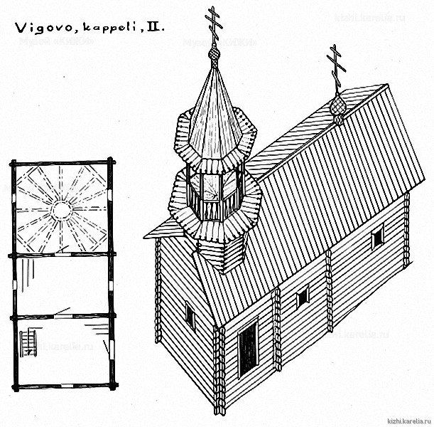 Часовня в д.Вигово. План, аксонометрия. Реконструкция 2-го этапа строительства.