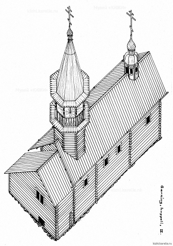 Часовня в д.Гарницы. Аксонометрия. Реконструкция 2-го этапа строительства.