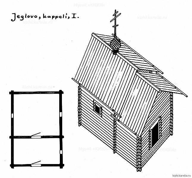 Часовня в д.Еглово. План, аксонометрия. Реконструкция 1-го этапа строительства.