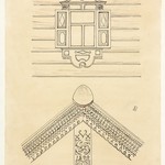 Л. 15. Окно с наличником, д. Дерсгубская (м. б., Деригузово?). б) Дом Фепонова, д. Погост (Яндомозеро). Причелина с полотенцем. Конец 1940-х гг.