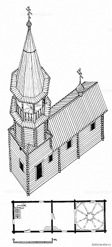 Часовня в д.Корба. План, аксонометрия. Реконструкция 1-го этапа строительства