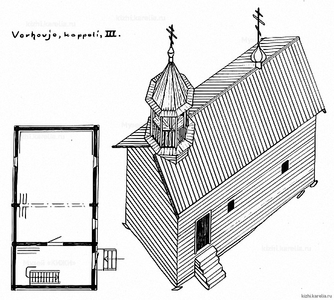 Часовня в д.Верховье. План, аксонометрия. Реконструкция 3-го этапа строительства.