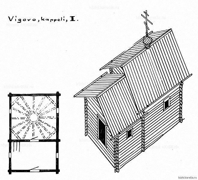 Часовня в д.Вигово. План, аксонометрия. Реконструкция 1-го этапа строительства