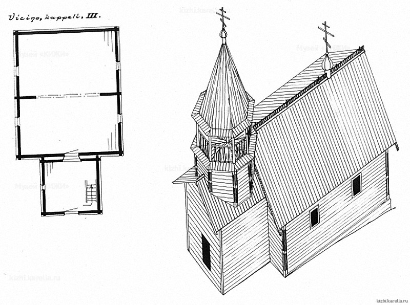 Часовня в д.Вицино. План, аксонометрия. Реконструкция 3-го этапа строительства
