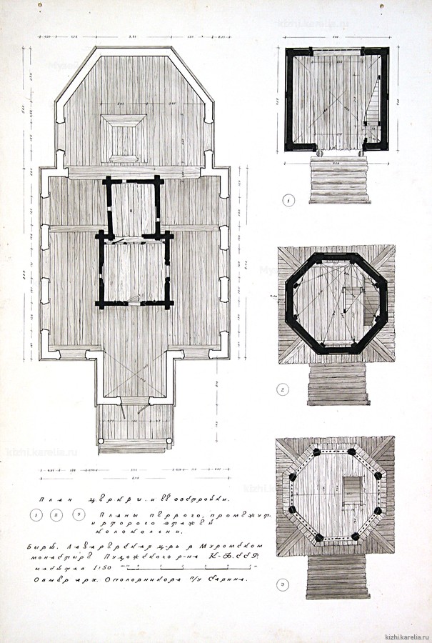 Чертёж обмерный. Планы церкви и её обстройки, 1-го, промежуточного и 2-го этажей колокольни.