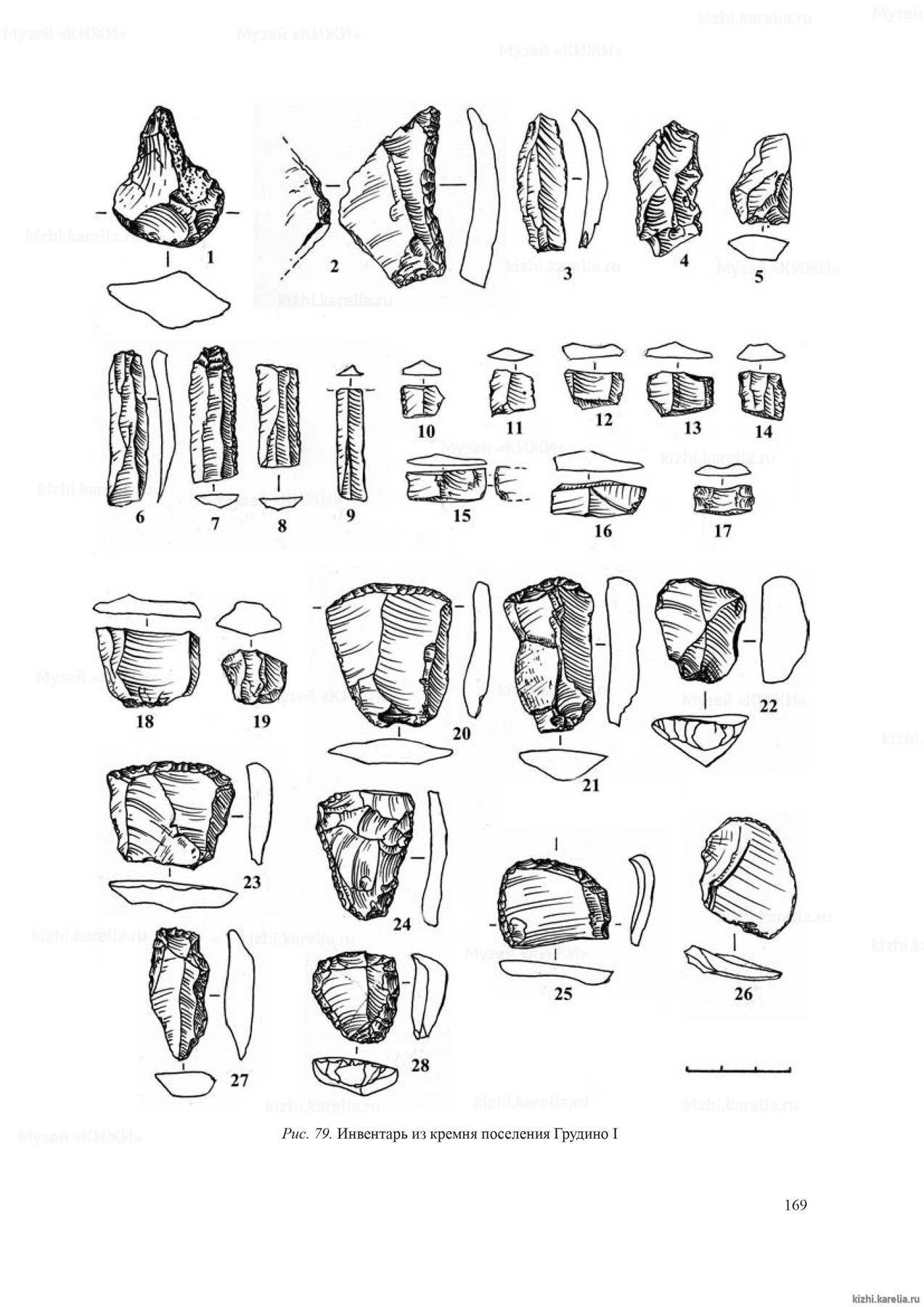 Рис. 79. Инвентарь из кремня поселения Грудино I