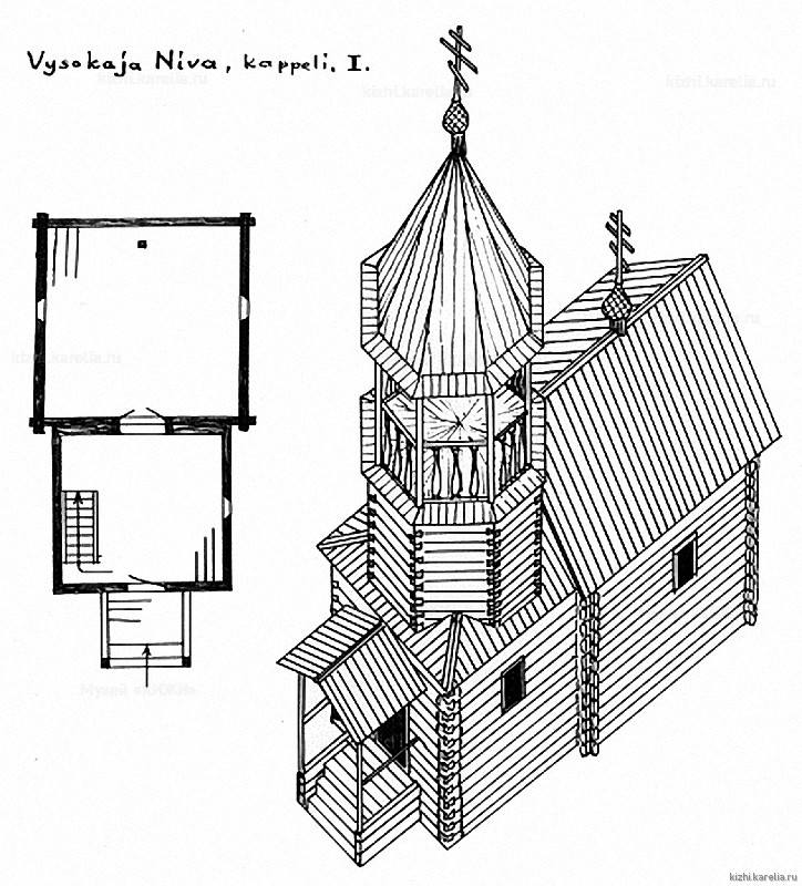 Часовня в д.Высокая Нива. План, аксонометрия. Реконструкция 1-го этапа строительства