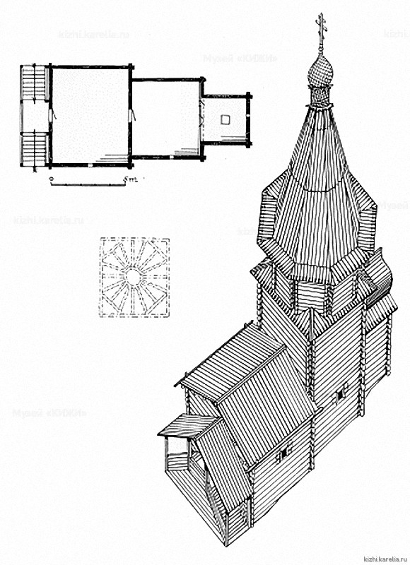 Часовня в д.Яндомозеро. План, аксонометрия. Реконструкция 1-го этапа строительства