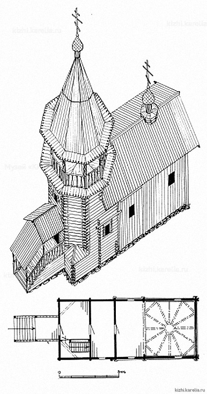 Часовня в д.Усть-Яндома. План, аксонометрия. Реконструкция 4-го этапа строительства