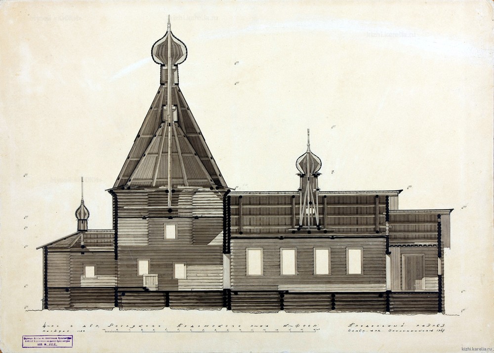 Чертёж обмерный. Церковь в дер. Росляково, Пудожский район. Продольный разрез