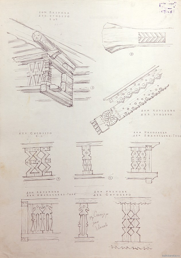 Резные детали домов Петрова, Кортуева из дер. Утозеро, дома Иванова из дер. Сигозеро, домов Николаева и Абрамова из дер. Афанасьева Гора Олонецкого р–на.