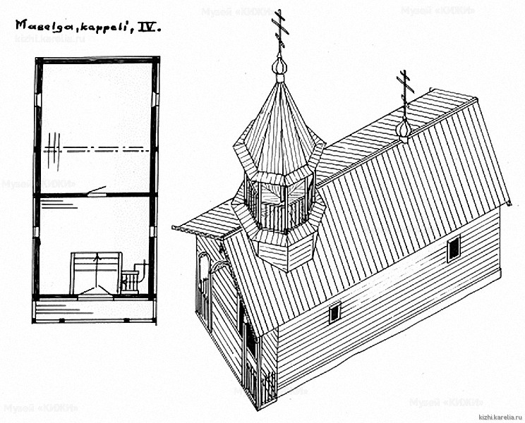 Часовня в д.Масельга. План, аксонометрия. Реконструкция 4-го этапа строительства.