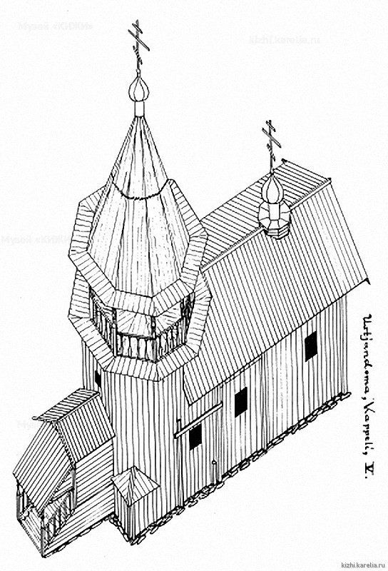 Часовня в д.Усть-Яндома. Аксонометрия. Реконструкция 5-го этапа строительства