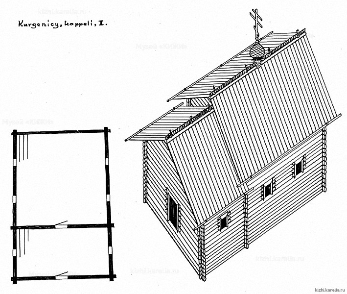 Часовня в д.Кургеницы. План, аксонометрия. Реконструкция 1-го этапа строительства