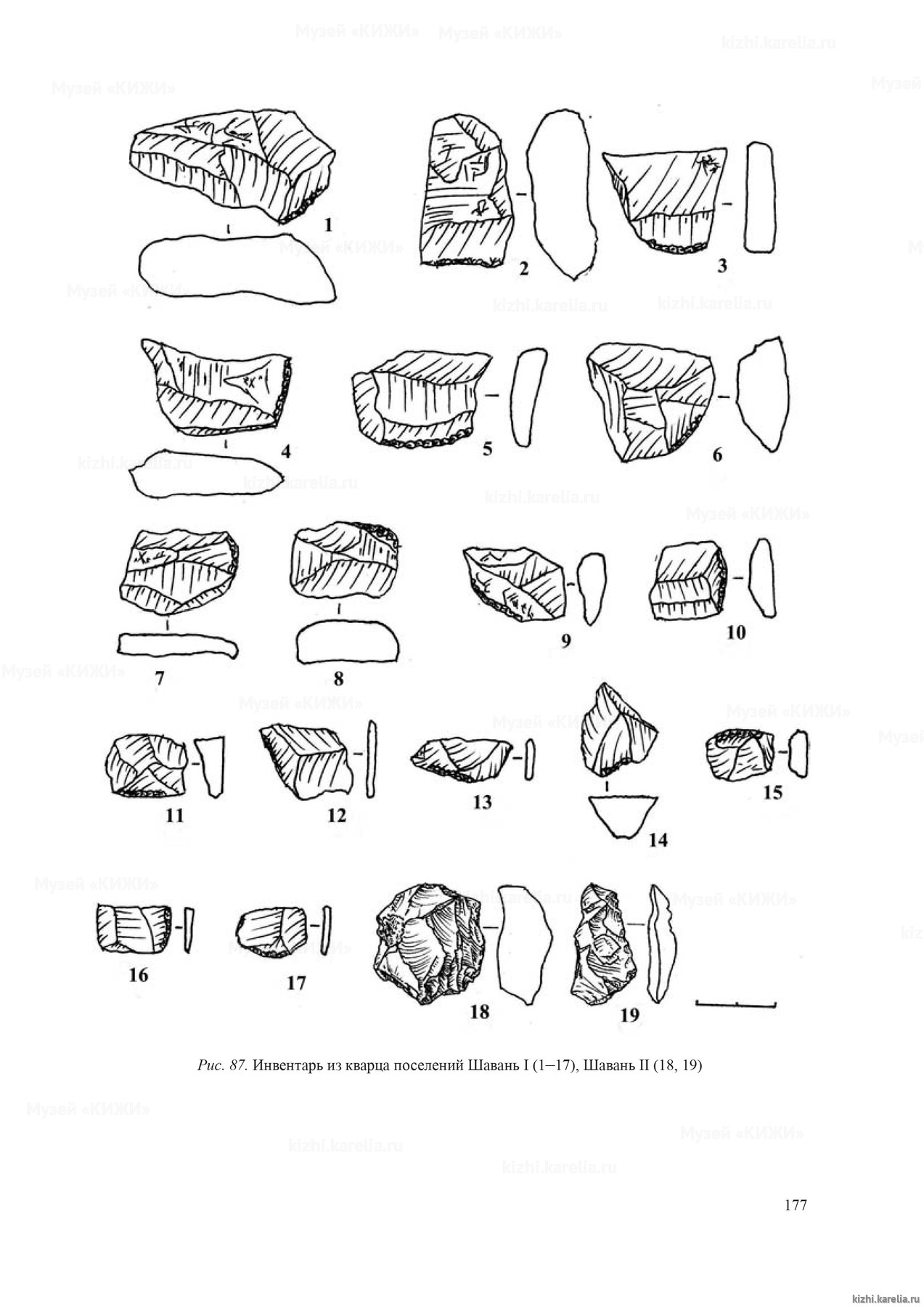 Рис. 87. Инвентарь из кварца поселений Шавань I (1 – 17), Шавань II (18, 19)