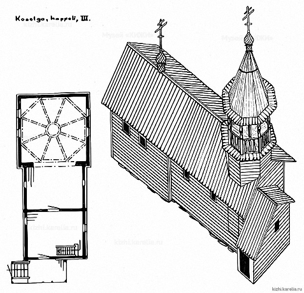 Часовня в д.Косельга. План, аксонометрия. Реконструкция 3-го этапа строительства