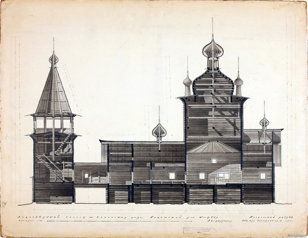 Чертёж реставрации. Ильинская церковь Водлозерского погоста. Продольный разрез