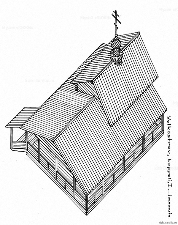 Часовня в д.Волкостров. Аксонометрия. Реконструкция 1-го этапа строительства