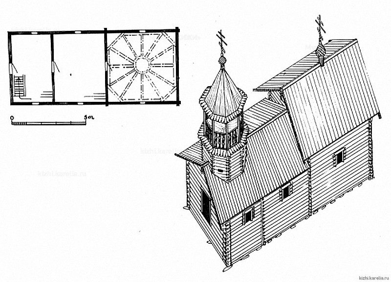 Часовня в д.Мяльзино. План, аксонометрия. Реконструкция 2-го этапа строительства.