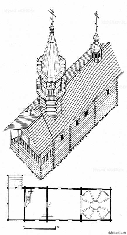 Часовня в д.Гарницы. План, аксонометрия. Реконструкция 1-го этапа строительства