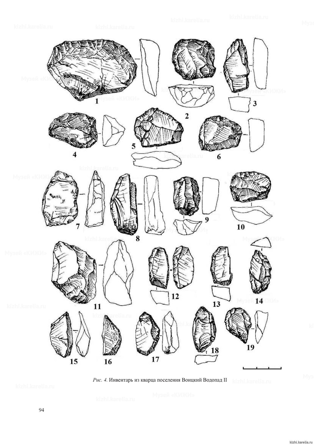 Рис. 4. Инвентарь из кварца поселения Воицкий Водопад II
