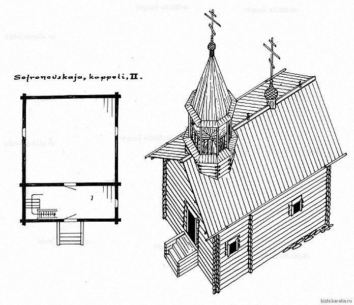 Часовня в д.Софроновская. План, аксонометрия. Реконструкция 2-го этапа строительства.