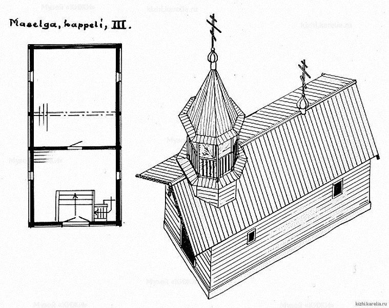 Часовня в д.Масельга. План, аксонометрия. Реконструкция 3-го этапа строительства.