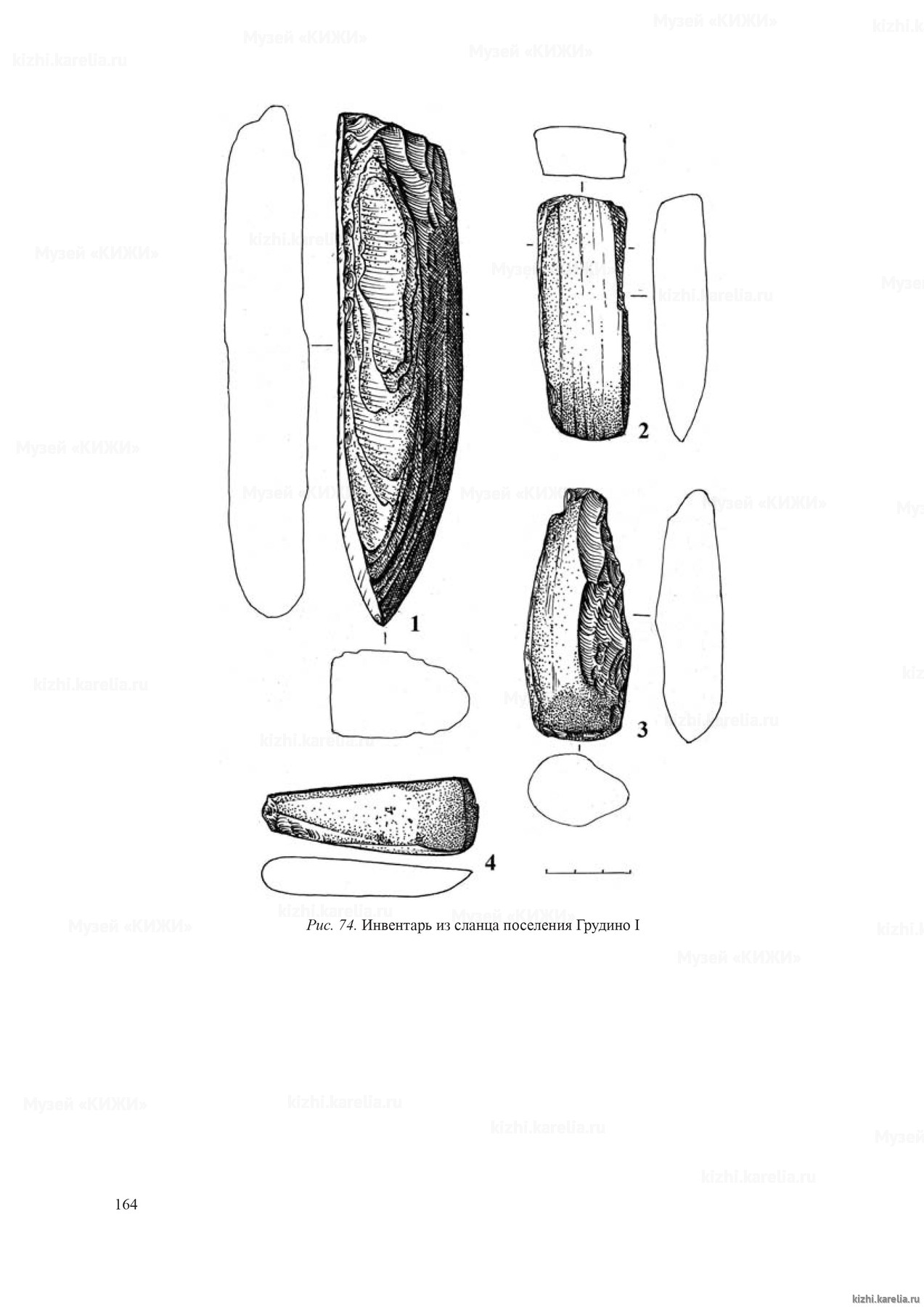 Рис. 74. Инвентарь из сланца поселения Грудино I
