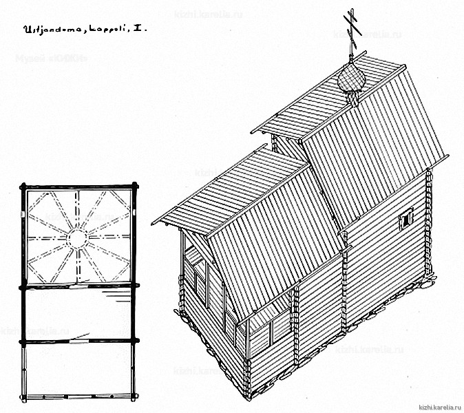 Часовня в д.Усть-Яндома. План, аксонометрия. Реконструкция 1-го этапа строительства
