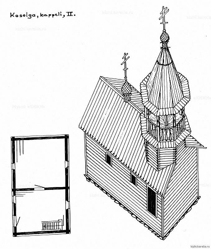 Часовня в д.Косельга. План, аксонометрия. Реконструкция 2-го этапа строительства