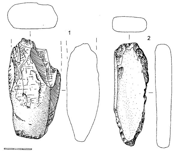Рис.17. Предметы из сланца (1) и песчаника (2) (раскоп №2)