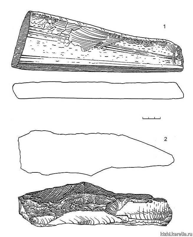 Рис.118. Инвентарь поселений Вожмариха 9 (2) и Вожмариха 10 (1): 1–2 – сланец