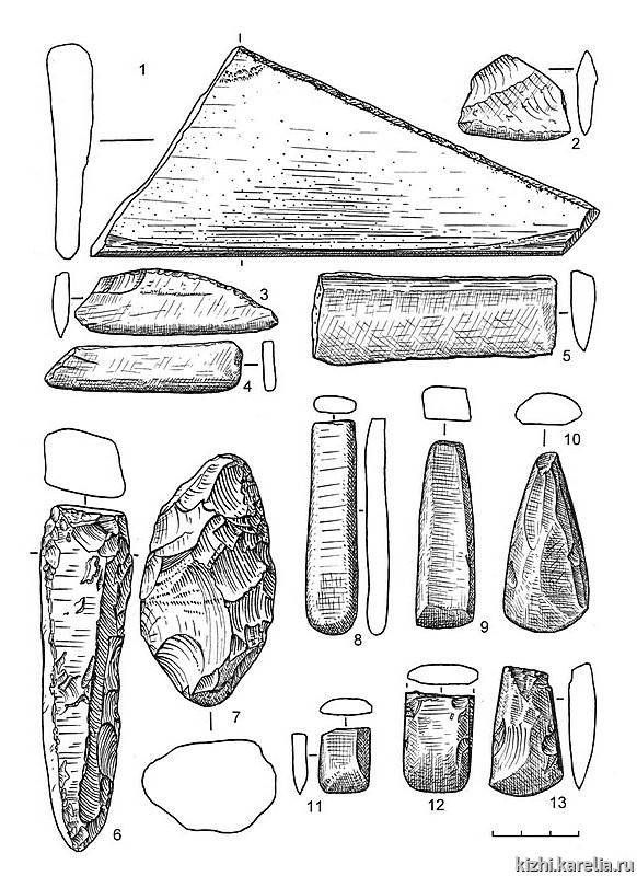 Рис.95. Инвентарь поселения Вожмариха 2: 2–4, 6–13 – сланец, 1, 5 – песчаник