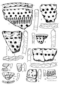 Рис.6. Керамика с ямочным (2–5, 10), гребенчато-ямочным (1), ромбо-ямочным (8) орнаментом и неорнаментированная (6–7, 9) из поселения Вожмариха 21