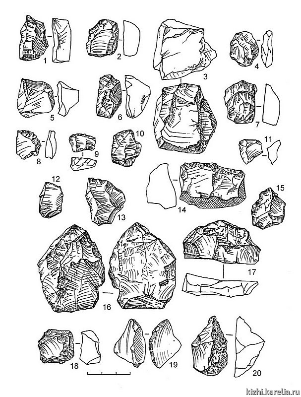 Рис.139. Инвентарь поселения Вожмариха 22: 1–11, 14–17 – кварц, 12–13, 19 – лидит, 18, 20 – кремень