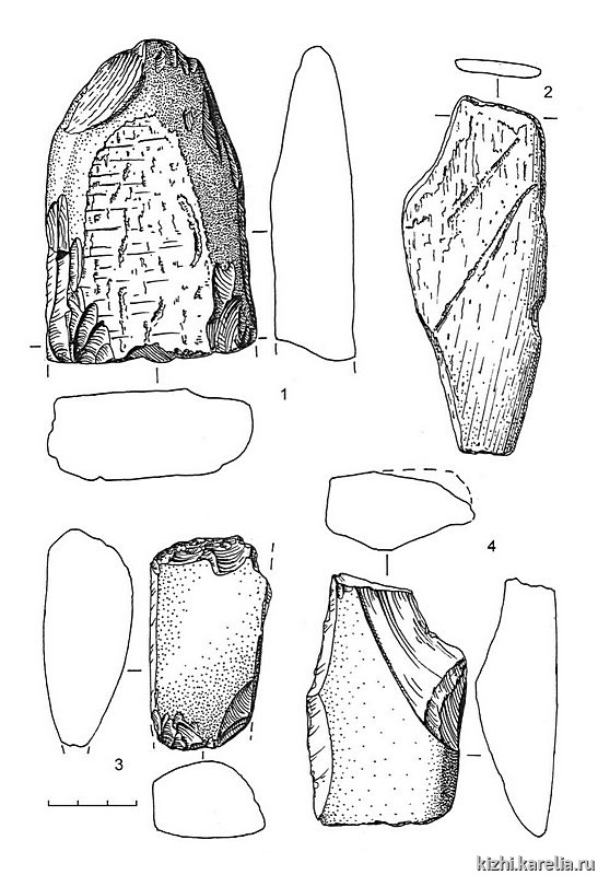 Рис.108. Инвентарь поселения Вожмариха 4 (раскоп 2): 1, 3–4 – сланец, 2 – песчаник