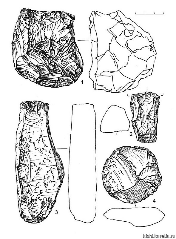 Рис.195. Инвентарь поселения Радколье 2: 1 – кремень, 2–4 – сланец