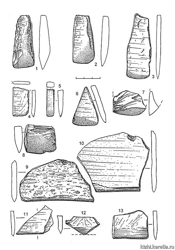 Рис.90. Инвентарь поселения Вожмариха 1: 1–13 – сланец