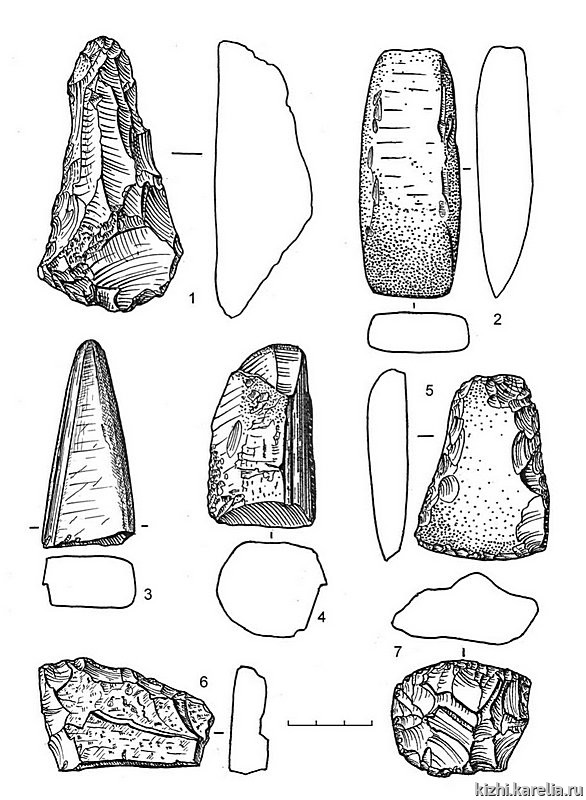 Рис.100. Инвентарь поселения Вожмариха 3: 1–6 – сланец, 7 – кремень
