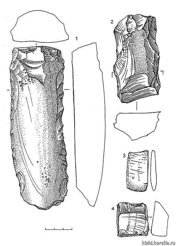 Рис.165. Инвентарь поселений Вожмариха 27 (1) и Вожмариха 28 (2–4): 1–4 – сланец