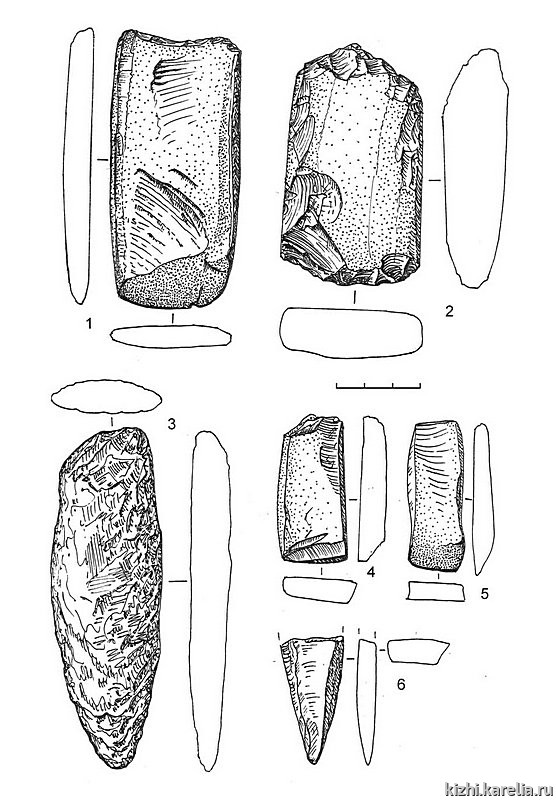 Рис.76. Инвентарь поселения Вертилово 7: 1–2, 4–6 – сланец, 3 – кварцит