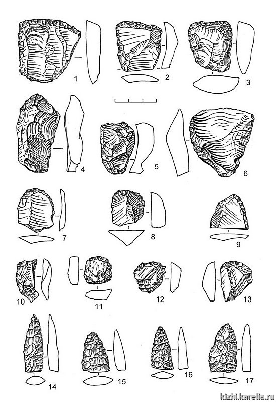 Рис.111. Инвентарь поселения Вожмариха 4 (раскоп 2): 1–7, 9–12, 14–17 – кремень, 8, 13 – лидит