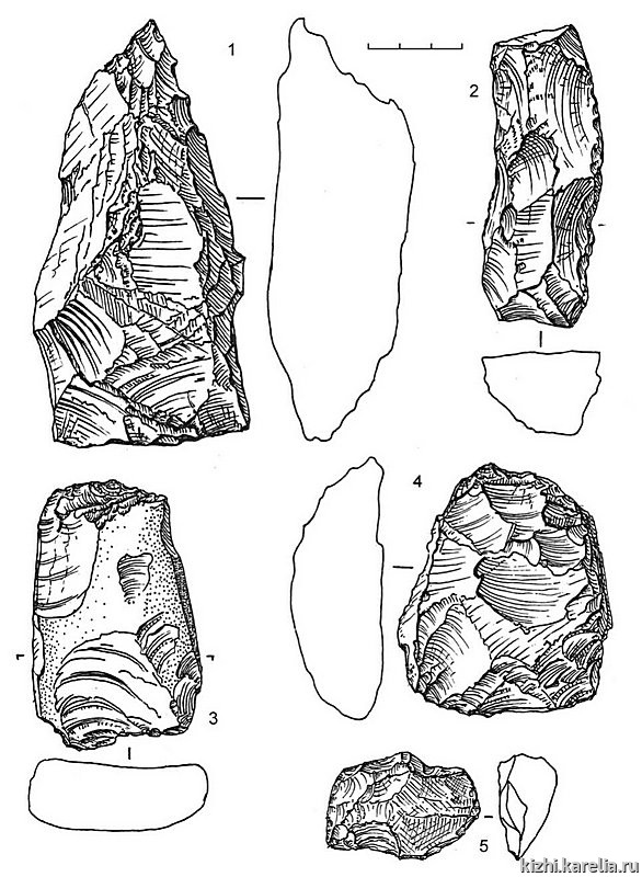 Рис.199. Инвентарь поселений Радколье 5 (2–4) и Радколье 6 (1, 5): 1 – лидит, 2–4 – сланец, 5 – кварц