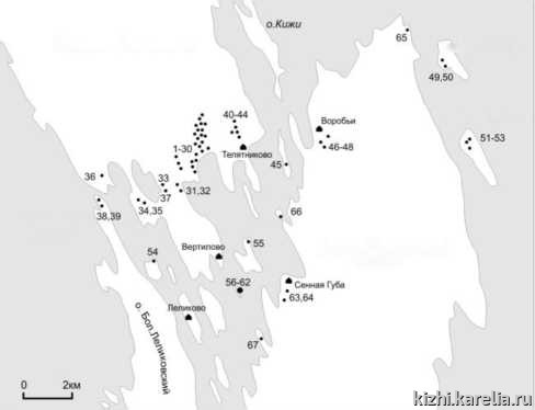 Рис. 1. Расположение памятников археологии в окрестностях о. Кижи (рассматриваемые в статье памятники: Ручей (Жарниково) 5—44, Ярнаволок 1—65, Грыз 1—66, Гарницы 1—67).