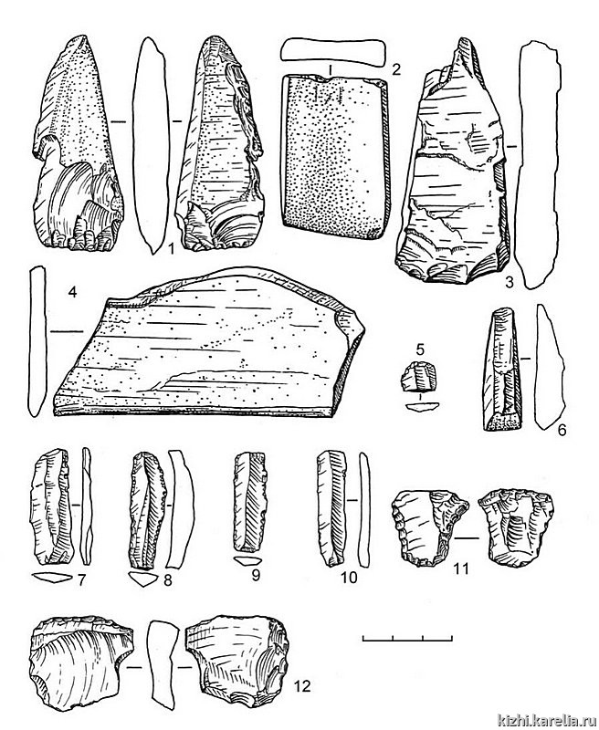 Рис.101. Инвентарь поселения Вожмариха 3: 1–3, 6 – сланец, 4 – кварцит, 5, 7–12 – кремень