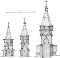 1. Петропавловская церковь на Лычном острове (облик, сложившийся во второй половине XVIII в.); Никольская церковь в Линдозере (реконструкция первоначального облика); Успенская церковь в Кондопоге (реконструкция первоначального облика).  Рис. А.Б. Бодэ, 2015 г.