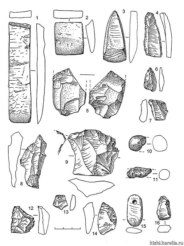 Рис.159. Инвентарь поселения Вожмариха 26: 1–3, 15 – сланец, 4, 6–8, 13, 16 – кремень, 5, 9 – лидит, 10–11 – глина, 12, 14 – кварц