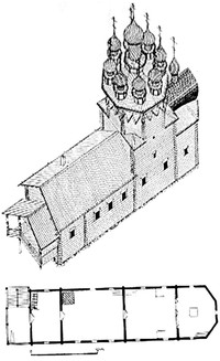 Рис. 1. Схематический обмер плана Покровской церкви архитектора Л. Петтерссона и О. Хелениуса, 1943 г. (из кн.: Петтерссон Л. Архитектура деревянных церквей и часовен Заонежья. Петрозаводск, 2020. С. 252)