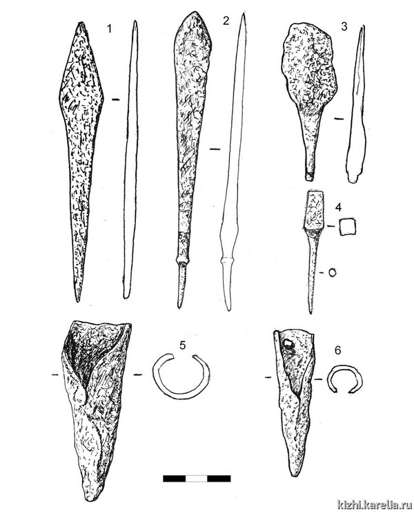 Рис.17. Наконечники стрел и втоки из раскопок  на селище Васильево 2 (железо) / Fig.17. Arrowheads (1–4) and spear or bear-spear down shaft ends (5,6) from Vasil'evo 2. Iron